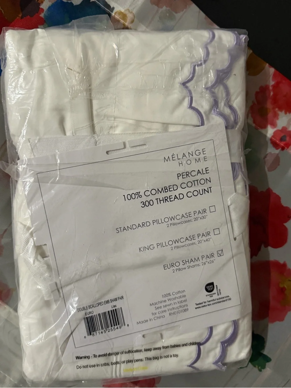 White Pillowcase with Lavender Scallop Trim
